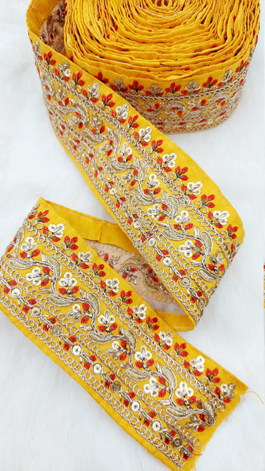 Art Silk Fabric Sari Border Trim with Floral Embroidery and Gold Sequins, Decorative Trim, Indian Sari Border